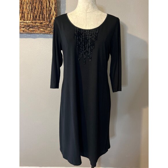 Eileen Fisher Dress Black M Medium Pleated Bib Washable A Line Stretch - Picture 3 of 10